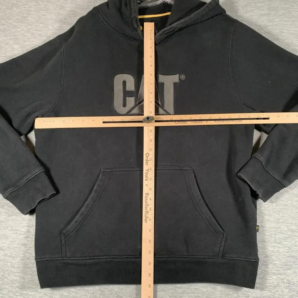 CAT Hoodie Mens XL Black Pullover Fleece Kangaroo Pocket Logo Workwear Graphic